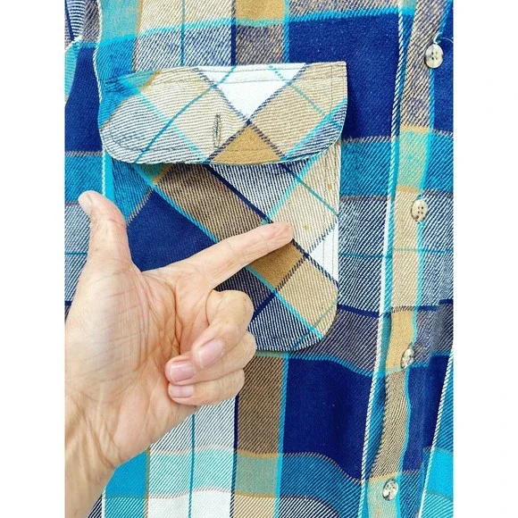 Vintage Private Property‎ Flannel Shirt Mens  M Blue Green Plaid Button Up Thick - Picture 11 of 15